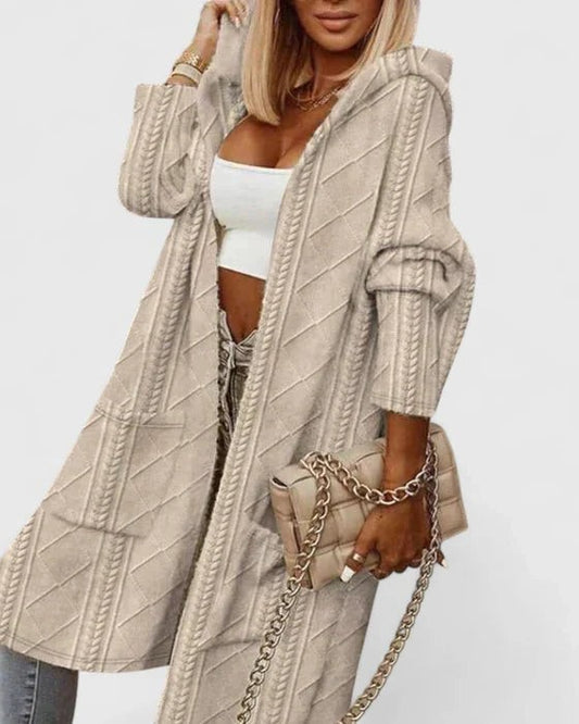 Effortless Beige Cable Knit Cardigan for Women with Long Sleeve Oversized Pockets Casual Style