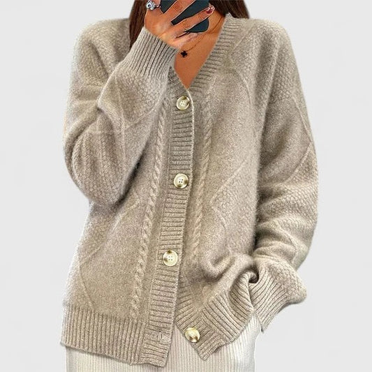 Effortless Beige Cable Knit Cardigan Sweater for Women with V Neck Long Sleeve Button Front Casual Style