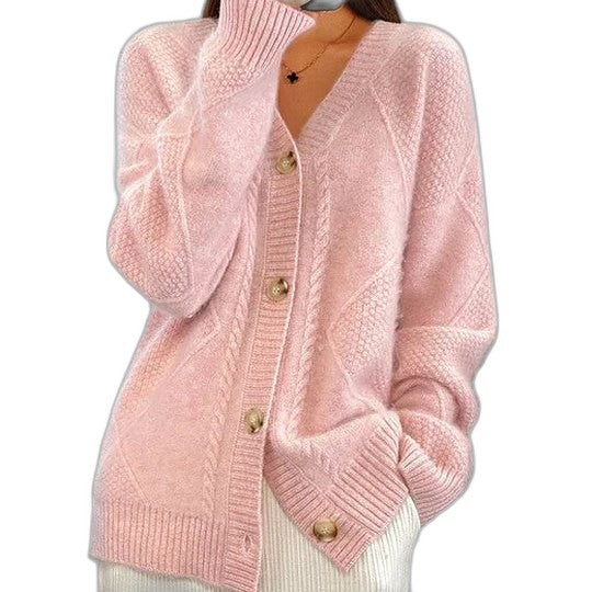 Effortless Beige Cable Knit Cardigan Sweater for Women with V Neck Long Sleeve Button Front Casual Style