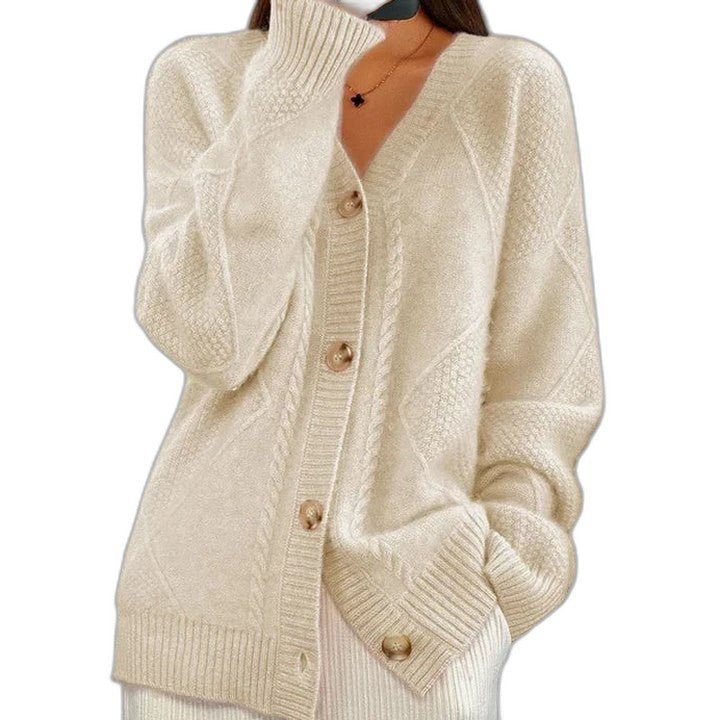 Effortless Beige Cable Knit Cardigan Sweater for Women with V Neck Long Sleeve Button Front Casual Style