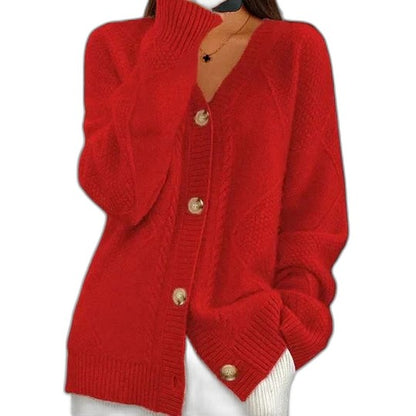 Effortless Beige Cable Knit Cardigan Sweater for Women with V Neck Long Sleeve Button Front Casual Style