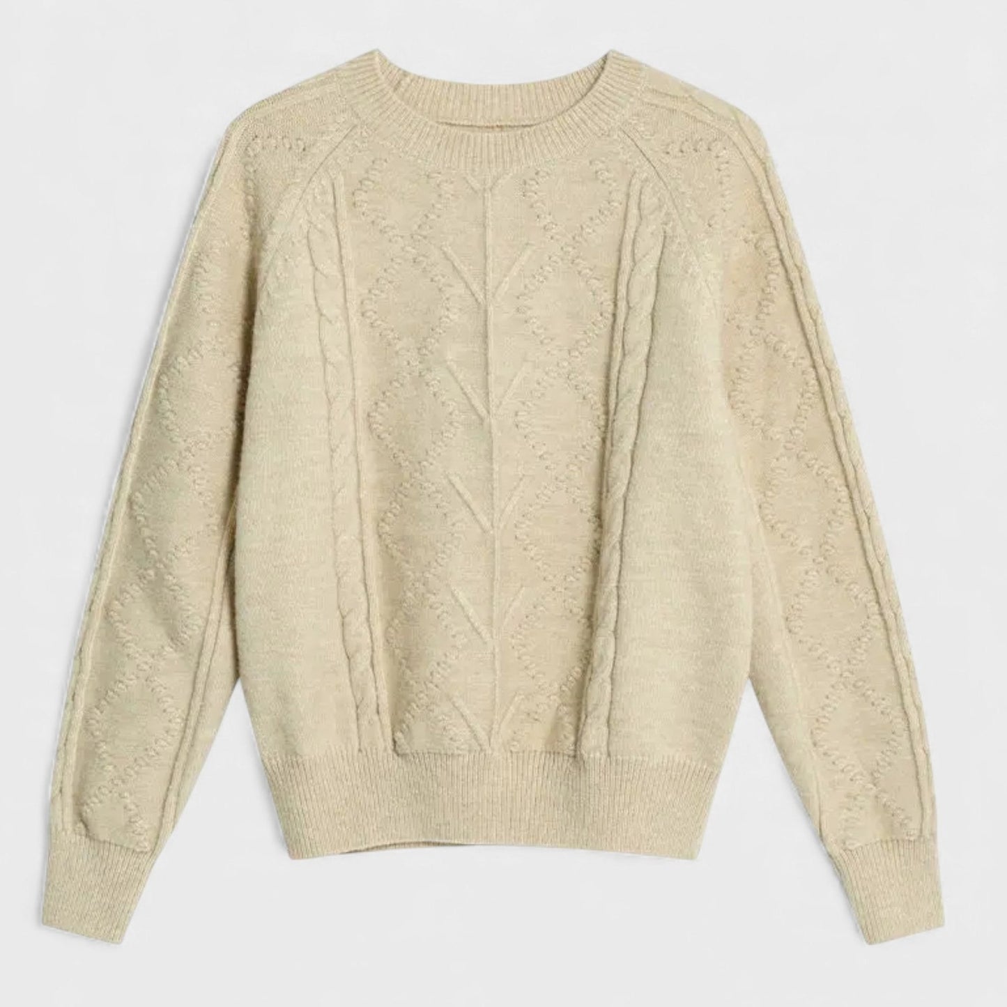 Effortless Beige Cable Knit Sweater for Women with Crew Neck Long Sleeve Casual Style