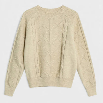 Effortless Beige Cable Knit Sweater for Women with Crew Neck Long Sleeve Casual Style