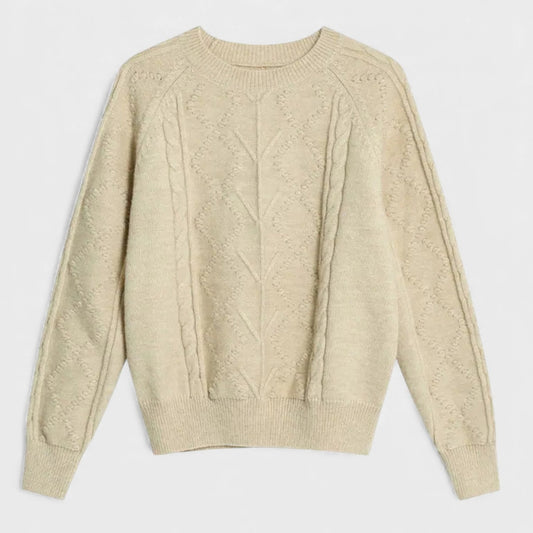 Effortless Beige Cable Knit Sweater for Women with Crew Neck Long Sleeve Casual Style