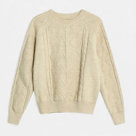 Effortless Beige Cable Knit Sweater for Women with Crew Neck Long Sleeve Casual Style