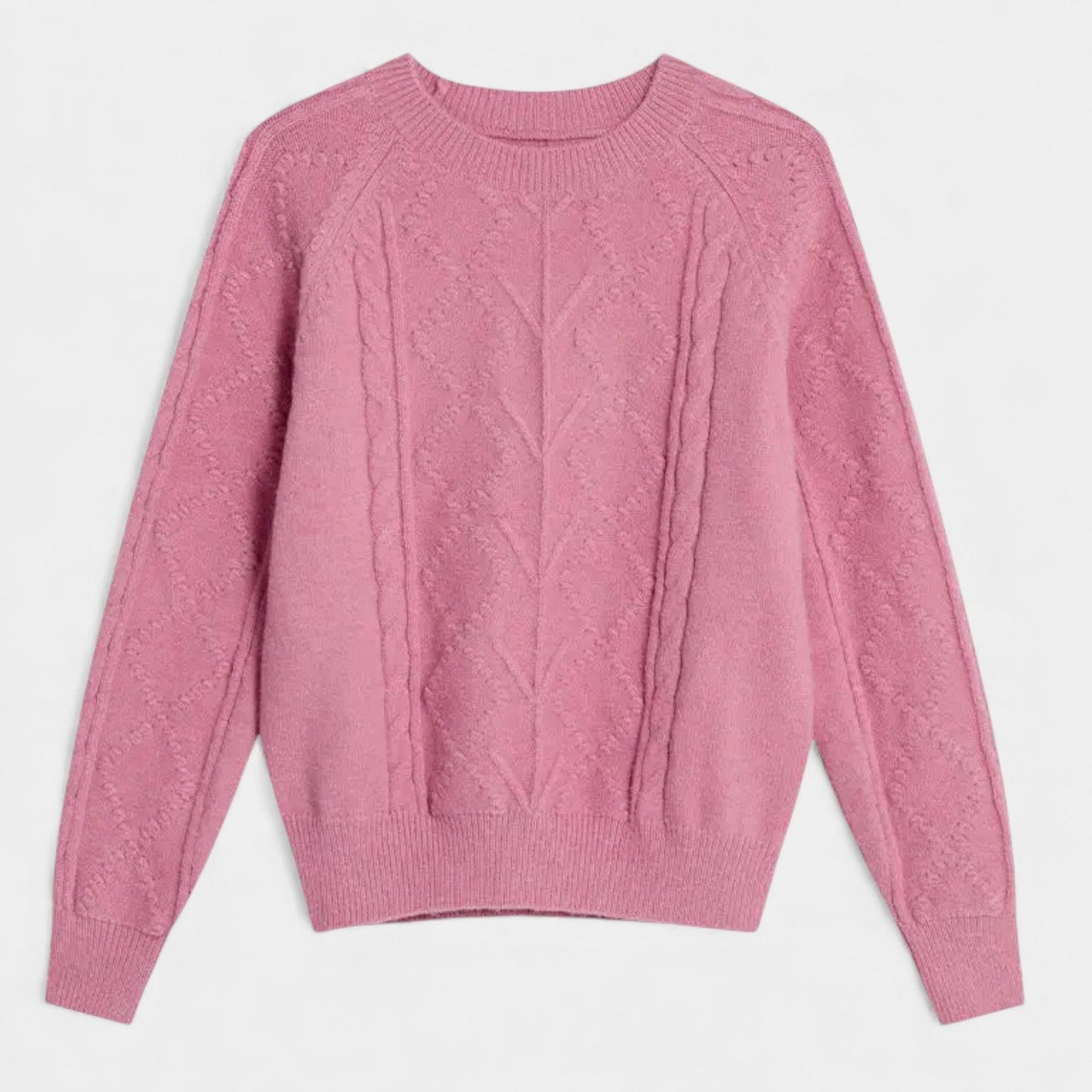 Effortless Beige Cable Knit Sweater for Women with Crew Neck Long Sleeve Casual Style