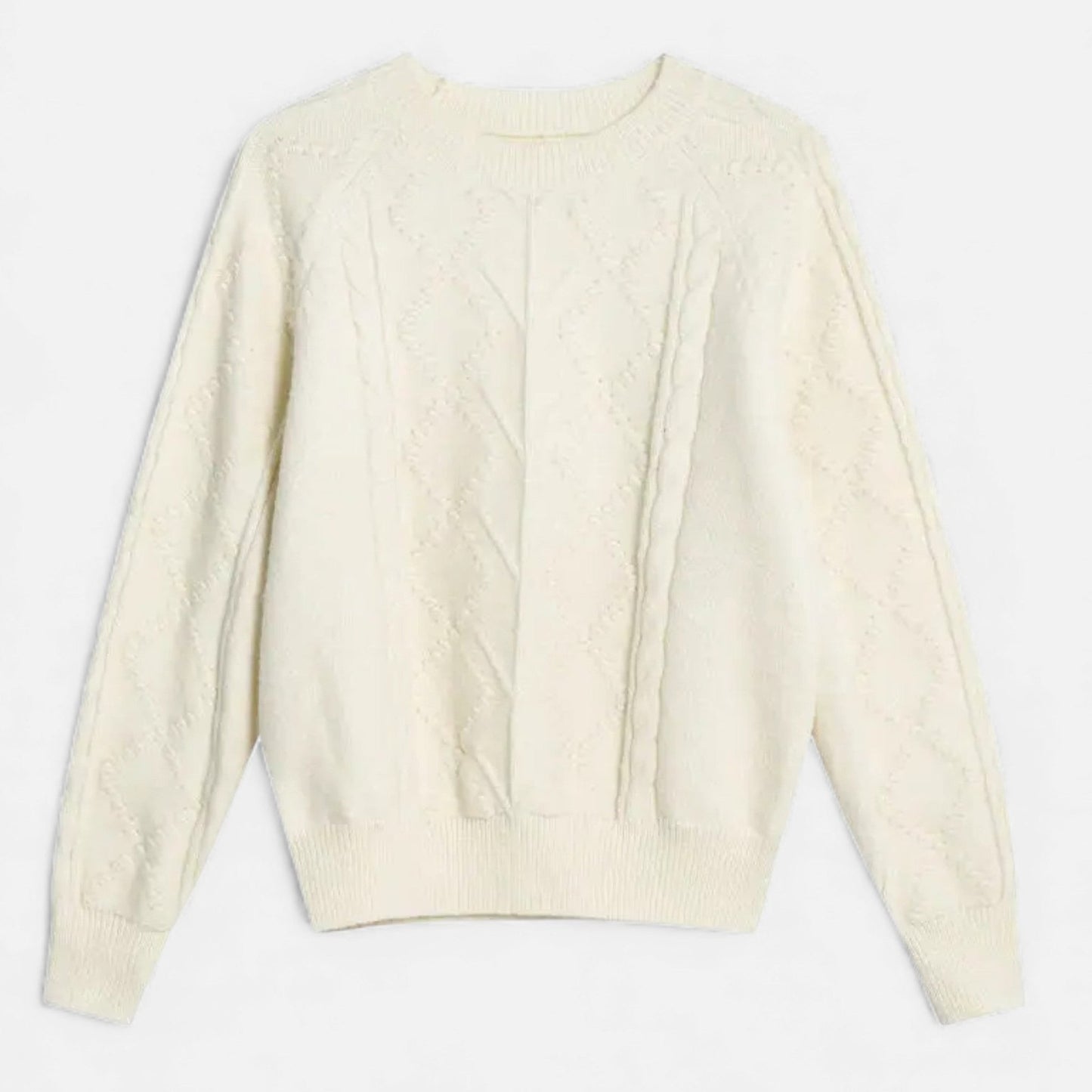 Effortless Beige Cable Knit Sweater for Women with Crew Neck Long Sleeve Casual Style