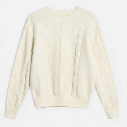 Effortless Beige Cable Knit Sweater for Women with Crew Neck Long Sleeve Casual Style
