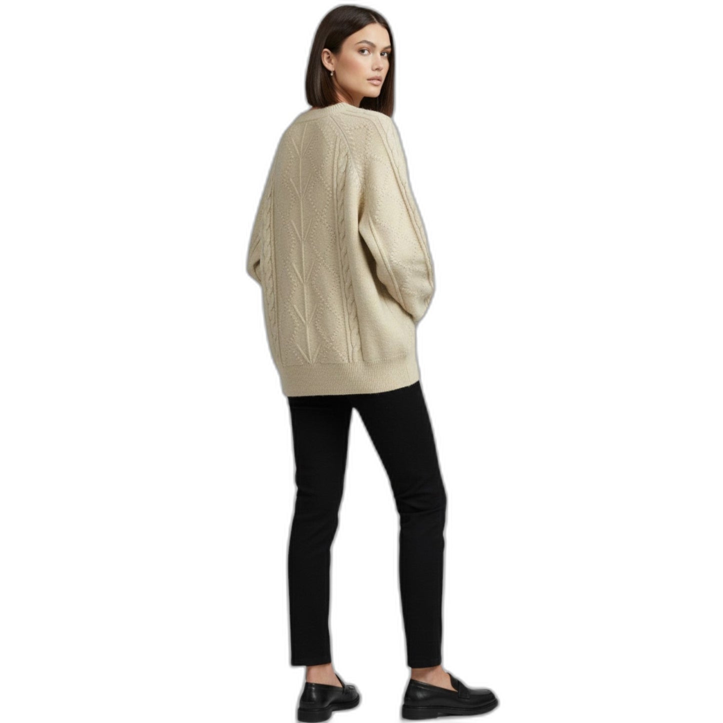 Effortless Beige Cable Knit Sweater for Women with Crew Neck Long Sleeve Casual Style