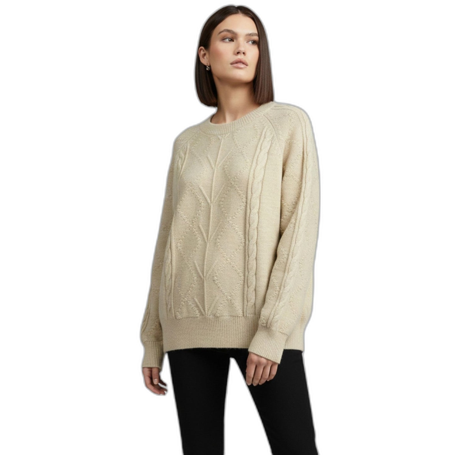 Effortless Beige Cable Knit Sweater for Women with Crew Neck Long Sleeve Casual Style