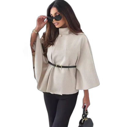 Effortless Beige Coat for Women with High Neck Long Sleeve Belted Oversized Casual Style