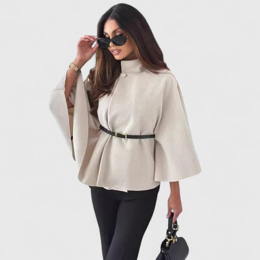 Effortless Beige Coat for Women with High Neck Long Sleeve Belted Oversized Casual Style