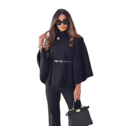 Effortless Beige Coat for Women with High Neck Long Sleeve Belted Oversized Casual Style