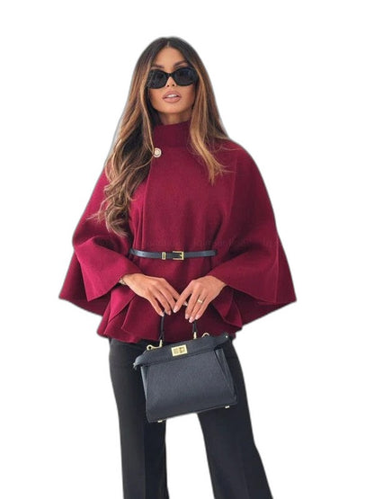 Effortless Beige Coat for Women with High Neck Long Sleeve Belted Oversized Casual Style