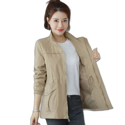 Effortless Beige Jacket for Women with Collared Long Sleeve Drawstring Zip Up Pockets Casual Style
