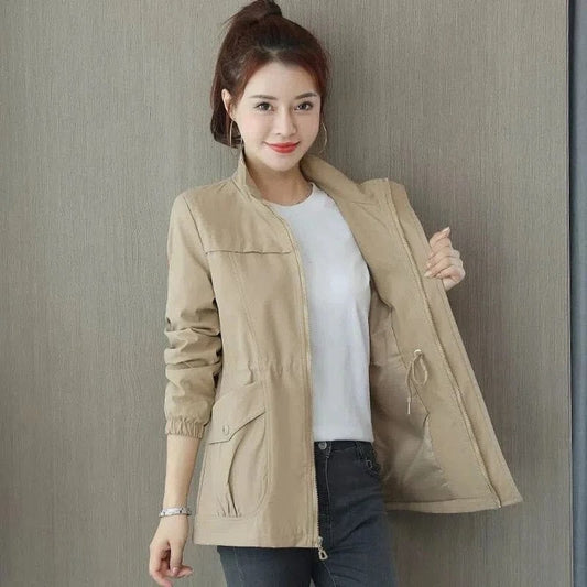 Effortless Beige Jacket for Women with Collared Long Sleeve Drawstring Zip Up Pockets Casual Style