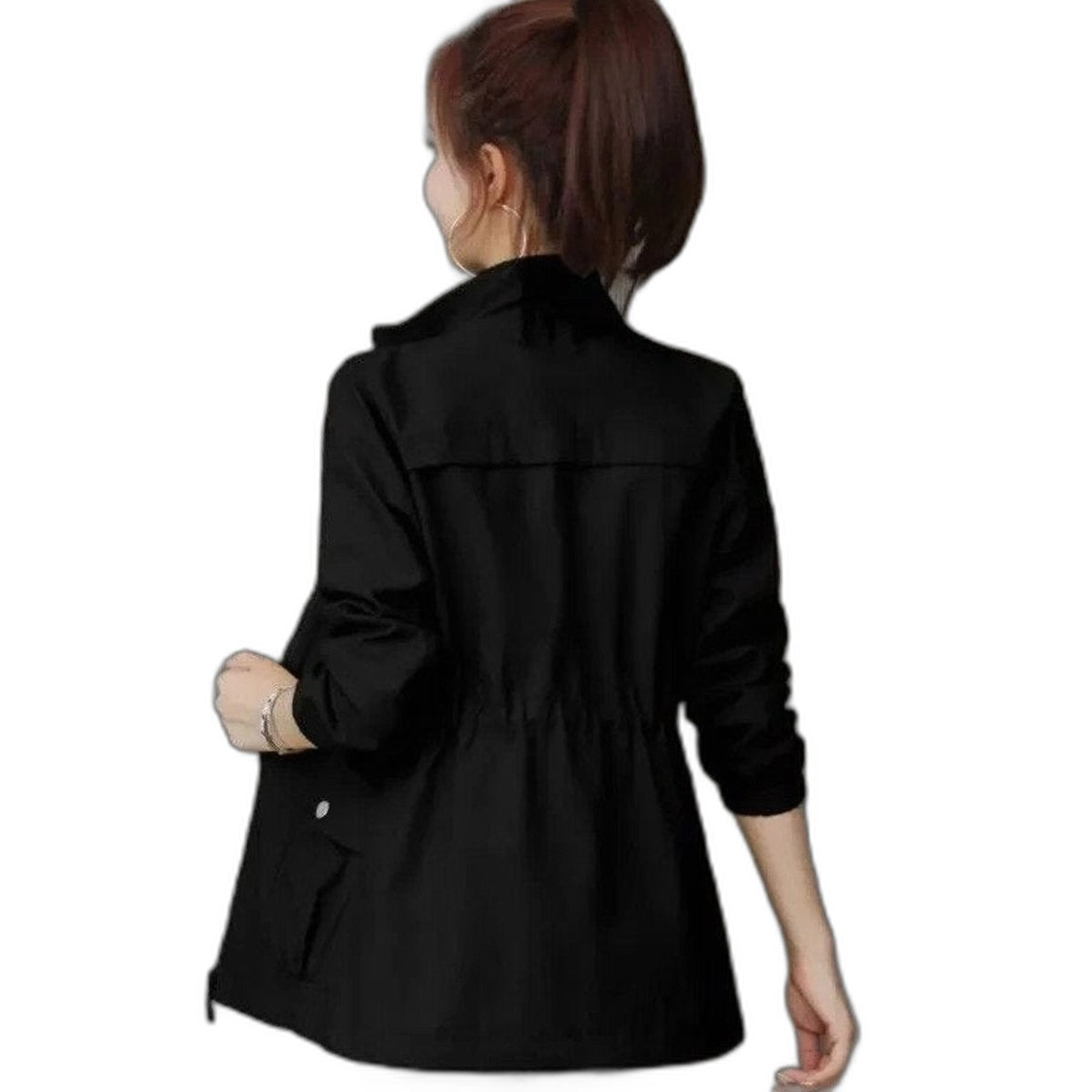 Effortless Beige Jacket for Women with Collared Long Sleeve Drawstring Zip Up Pockets Casual Style