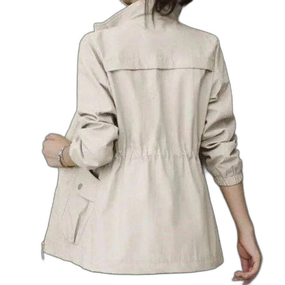 Effortless Beige Jacket for Women with Collared Long Sleeve Drawstring Zip Up Pockets Casual Style