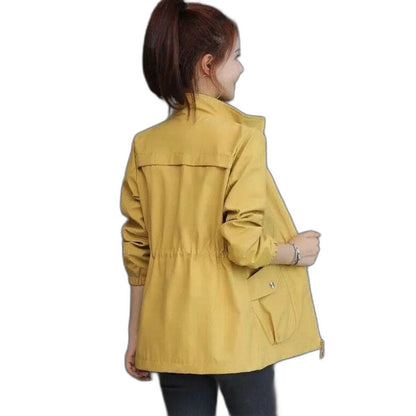 Effortless Beige Jacket for Women with Collared Long Sleeve Drawstring Zip Up Pockets Casual Style