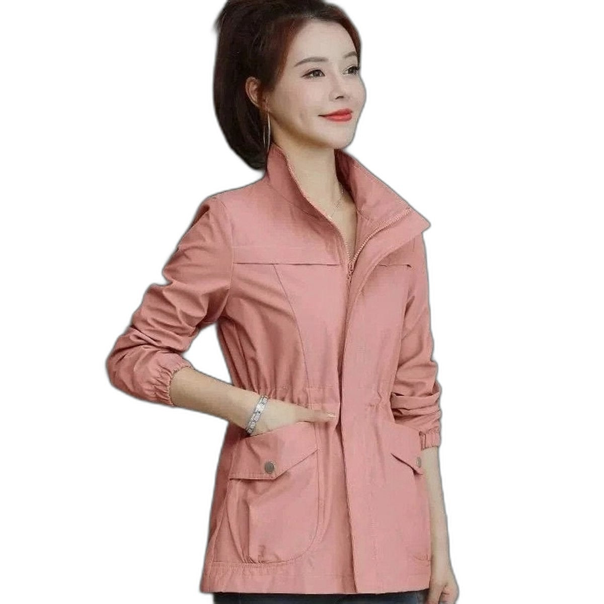 Effortless Beige Jacket for Women with Collared Long Sleeve Drawstring Zip Up Pockets Casual Style