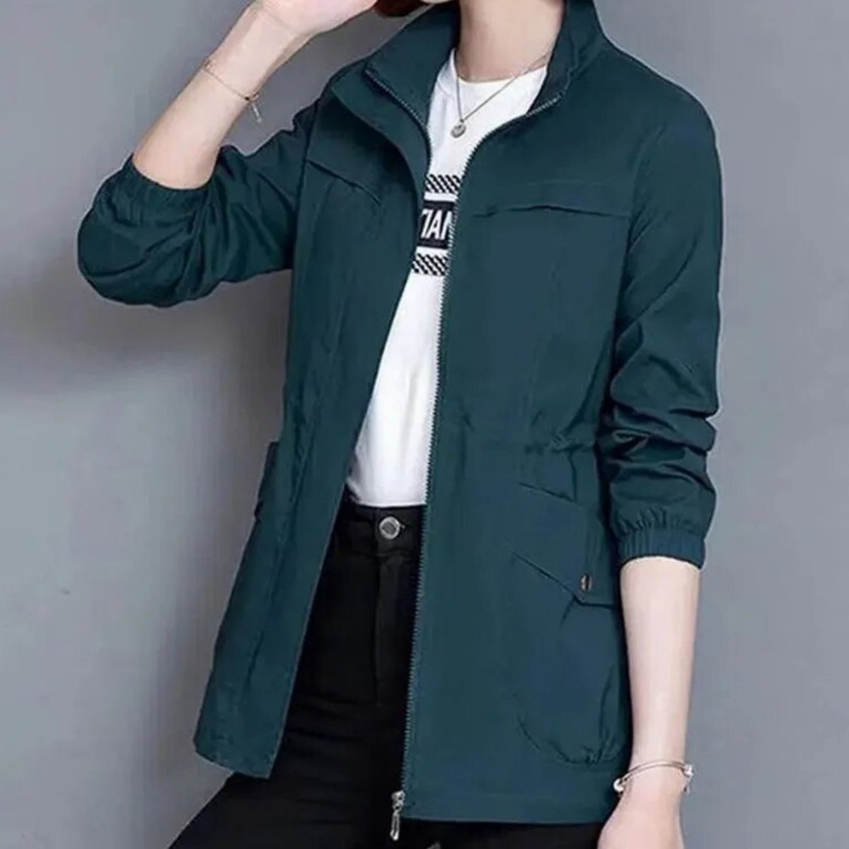Effortless Beige Jacket for Women with Collared Long Sleeve Drawstring Zip Up Pockets Casual Style