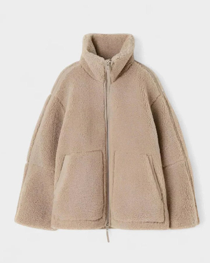 Effortless Beige Jacket for Women with High Neck Long Sleeve Oversized Pockets Casual Style