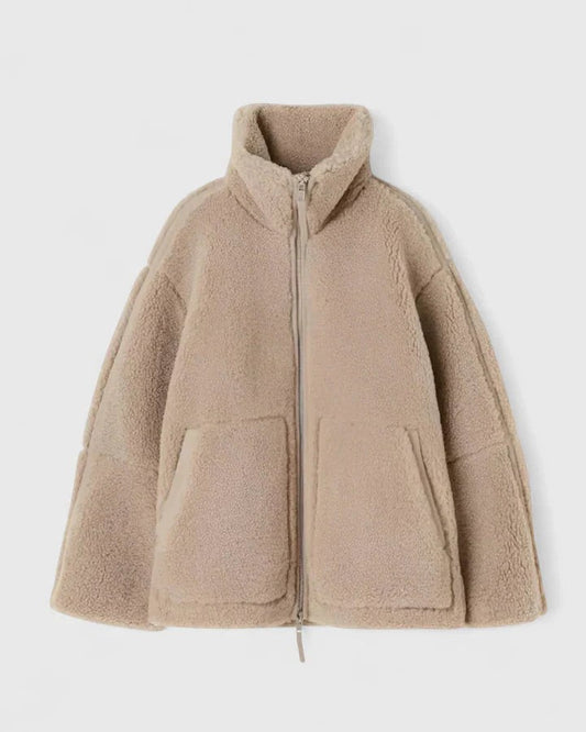 Effortless Beige Jacket for Women with High Neck Long Sleeve Oversized Pockets Casual Style