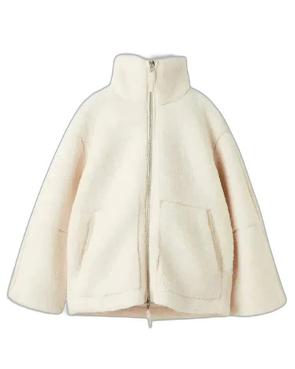Effortless Beige Jacket for Women with High Neck Long Sleeve Oversized Pockets Casual Style