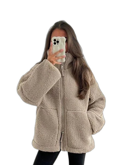 Effortless Beige Jacket for Women with High Neck Long Sleeve Oversized Pockets Casual Style