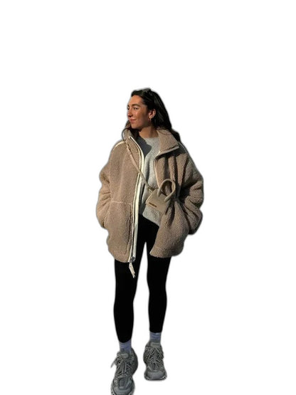 Effortless Beige Jacket for Women with High Neck Long Sleeve Oversized Pockets Casual Style