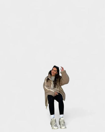 Effortless Beige Jacket for Women with High Neck Long Sleeve Oversized Pockets Casual Style