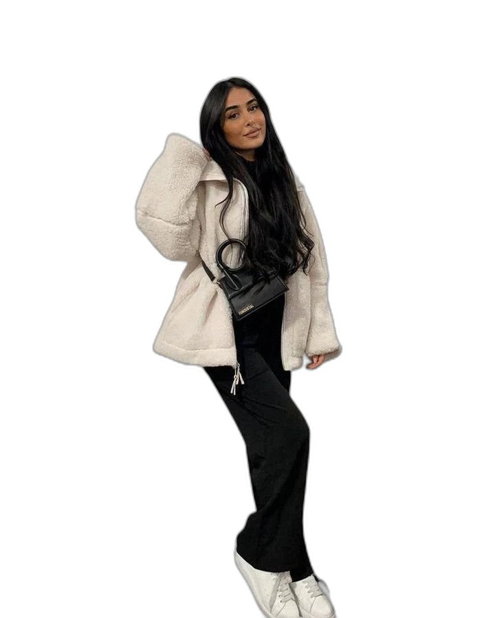 Effortless Beige Jacket for Women with High Neck Long Sleeve Oversized Pockets Casual Style