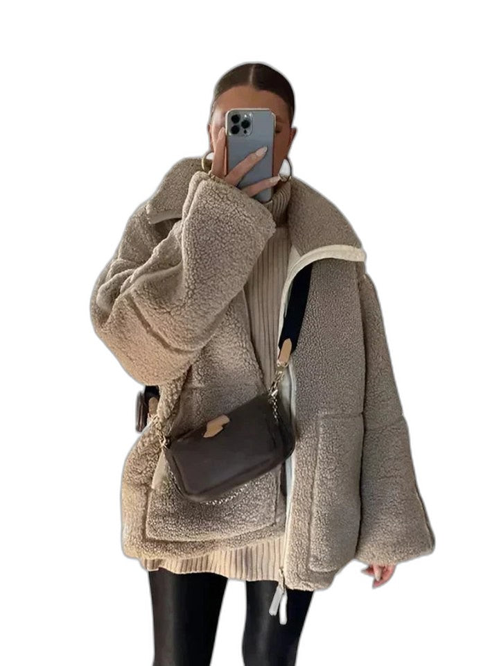 Effortless Beige Jacket for Women with High Neck Long Sleeve Oversized Pockets Casual Style