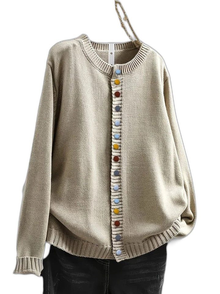 Effortless Beige Knit Cardigan Sweater for Women with Crew Neck Long Sleeve Button Front Casual Style