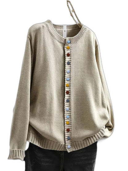 Effortless Beige Knit Cardigan Sweater for Women with Crew Neck Long Sleeve Button Front Casual Style