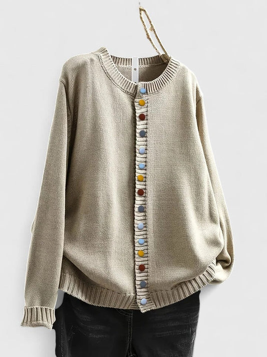 Effortless Beige Knit Cardigan Sweater for Women with Crew Neck Long Sleeve Button Front Casual Style