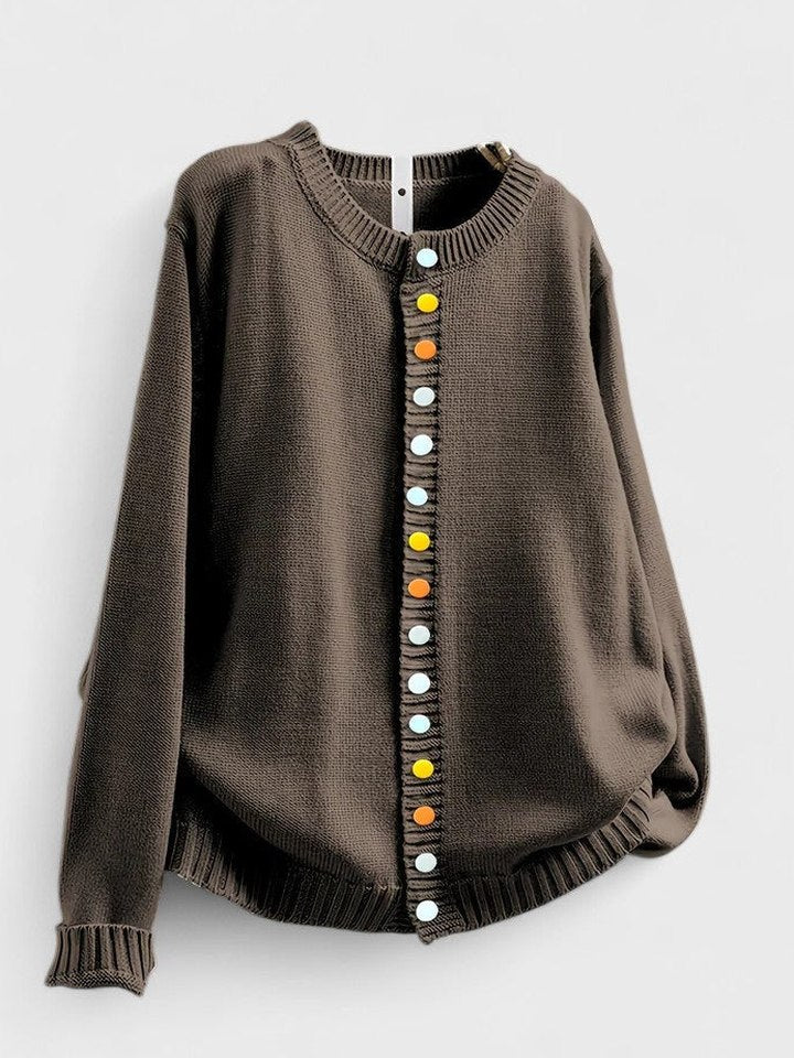 Effortless Beige Knit Cardigan Sweater for Women with Crew Neck Long Sleeve Button Front Casual Style