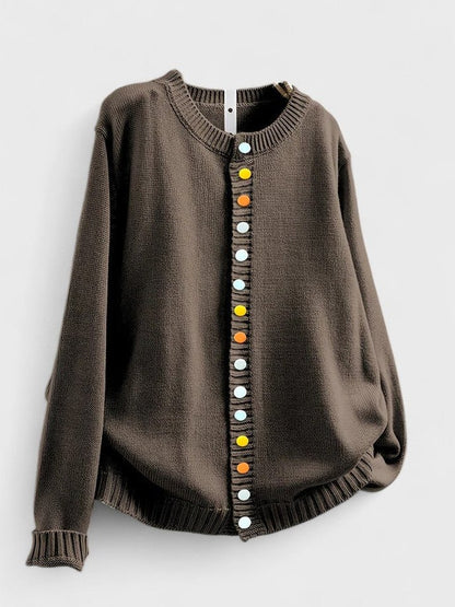 Effortless Beige Knit Cardigan Sweater for Women with Crew Neck Long Sleeve Button Front Casual Style