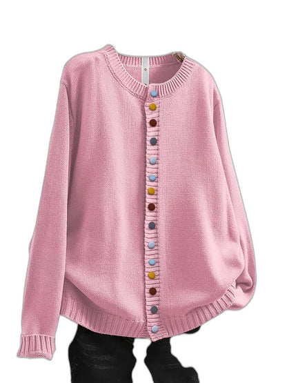 Effortless Beige Knit Cardigan Sweater for Women with Crew Neck Long Sleeve Button Front Casual Style