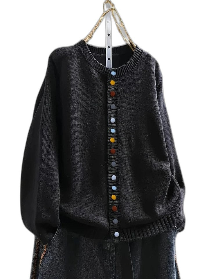 Effortless Beige Knit Cardigan Sweater for Women with Crew Neck Long Sleeve Button Front Casual Style