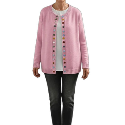 Effortless Beige Knit Cardigan Sweater for Women with Crew Neck Long Sleeve Button Front Casual Style