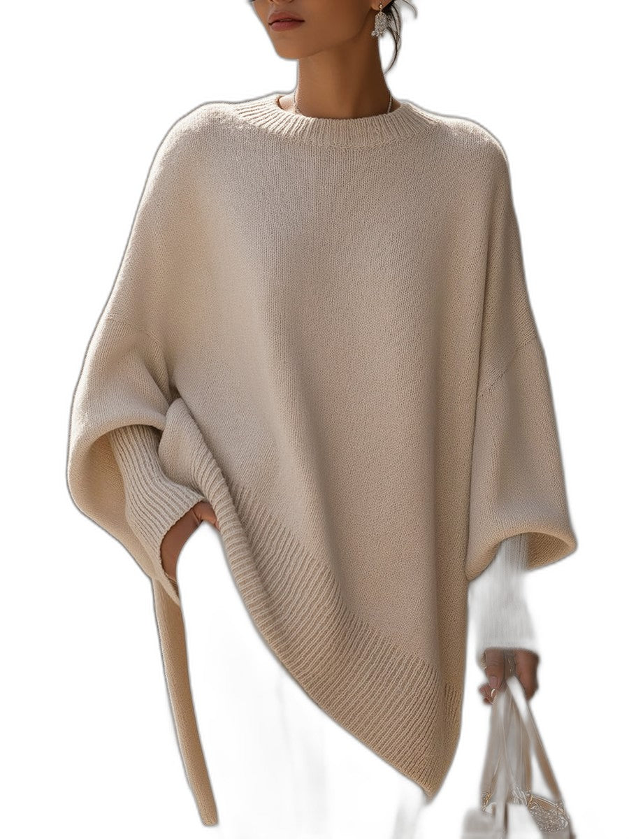 Effortless Beige Knit Sweater for Women with Crew Neck Long Sleeve Flowing Oversized Casual Style