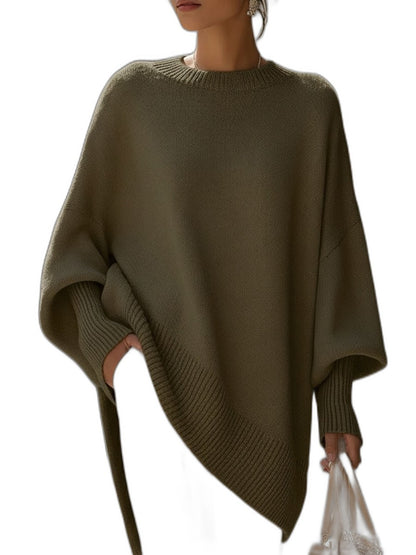 Effortless Beige Knit Sweater for Women with Crew Neck Long Sleeve Flowing Oversized Casual Style