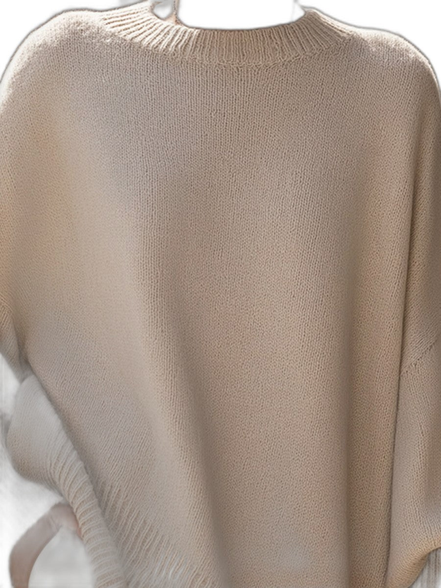 Effortless Beige Knit Sweater for Women with Crew Neck Long Sleeve Flowing Oversized Casual Style