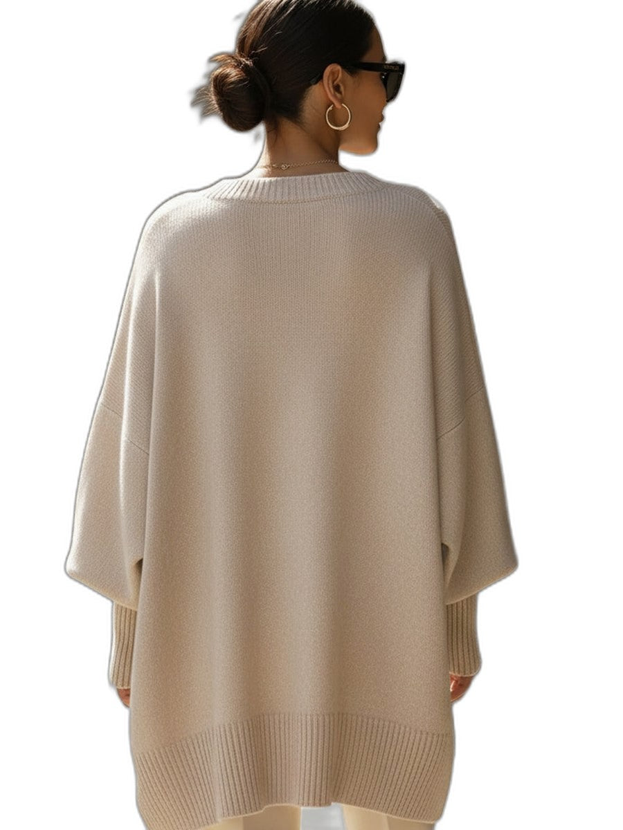Effortless Beige Knit Sweater for Women with Crew Neck Long Sleeve Flowing Oversized Casual Style