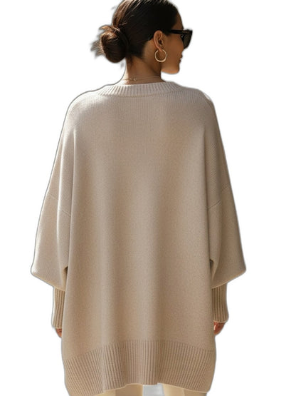 Effortless Beige Knit Sweater for Women with Crew Neck Long Sleeve Flowing Oversized Casual Style
