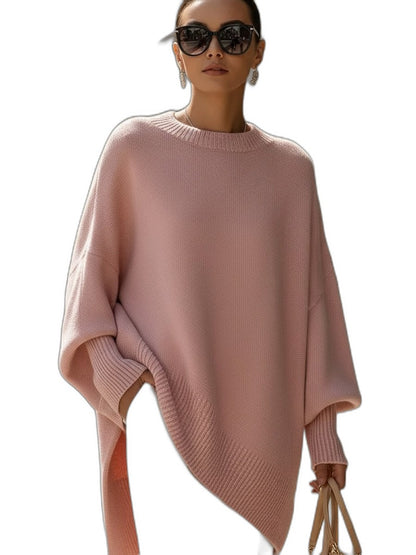 Effortless Beige Knit Sweater for Women with Crew Neck Long Sleeve Flowing Oversized Casual Style