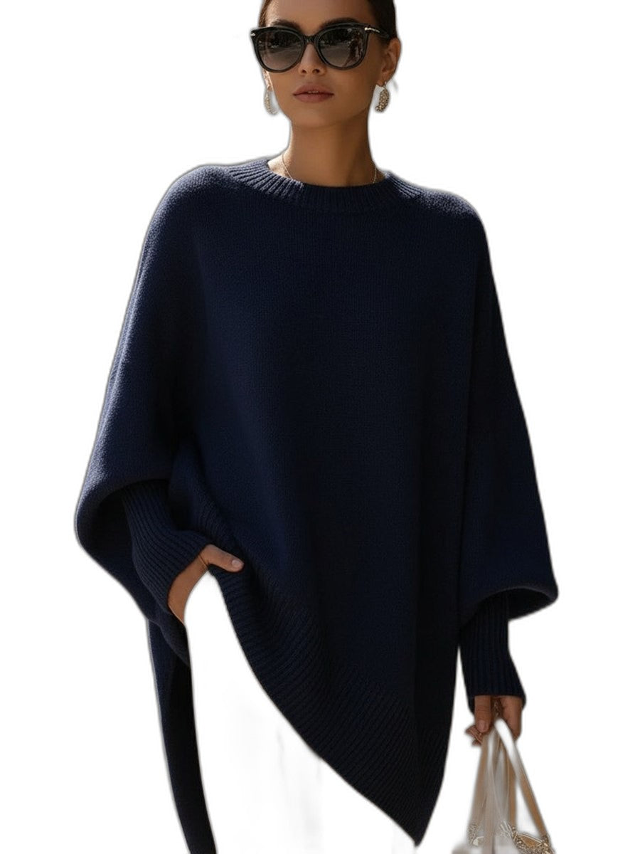 Effortless Beige Knit Sweater for Women with Crew Neck Long Sleeve Flowing Oversized Casual Style