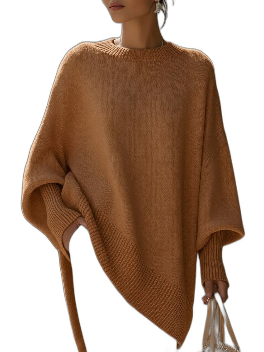 Effortless Beige Knit Sweater for Women with Crew Neck Long Sleeve Flowing Oversized Casual Style