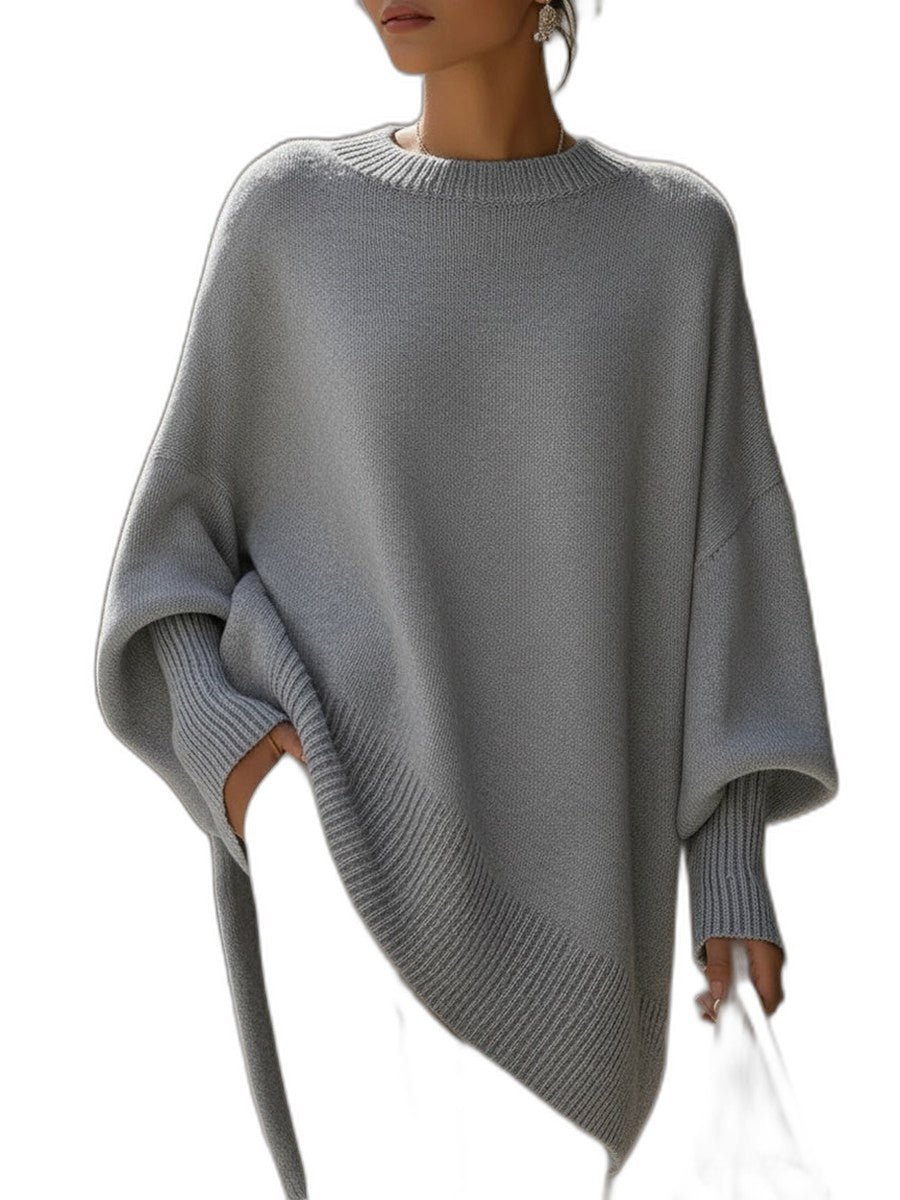 Effortless Beige Knit Sweater for Women with Crew Neck Long Sleeve Flowing Oversized Casual Style